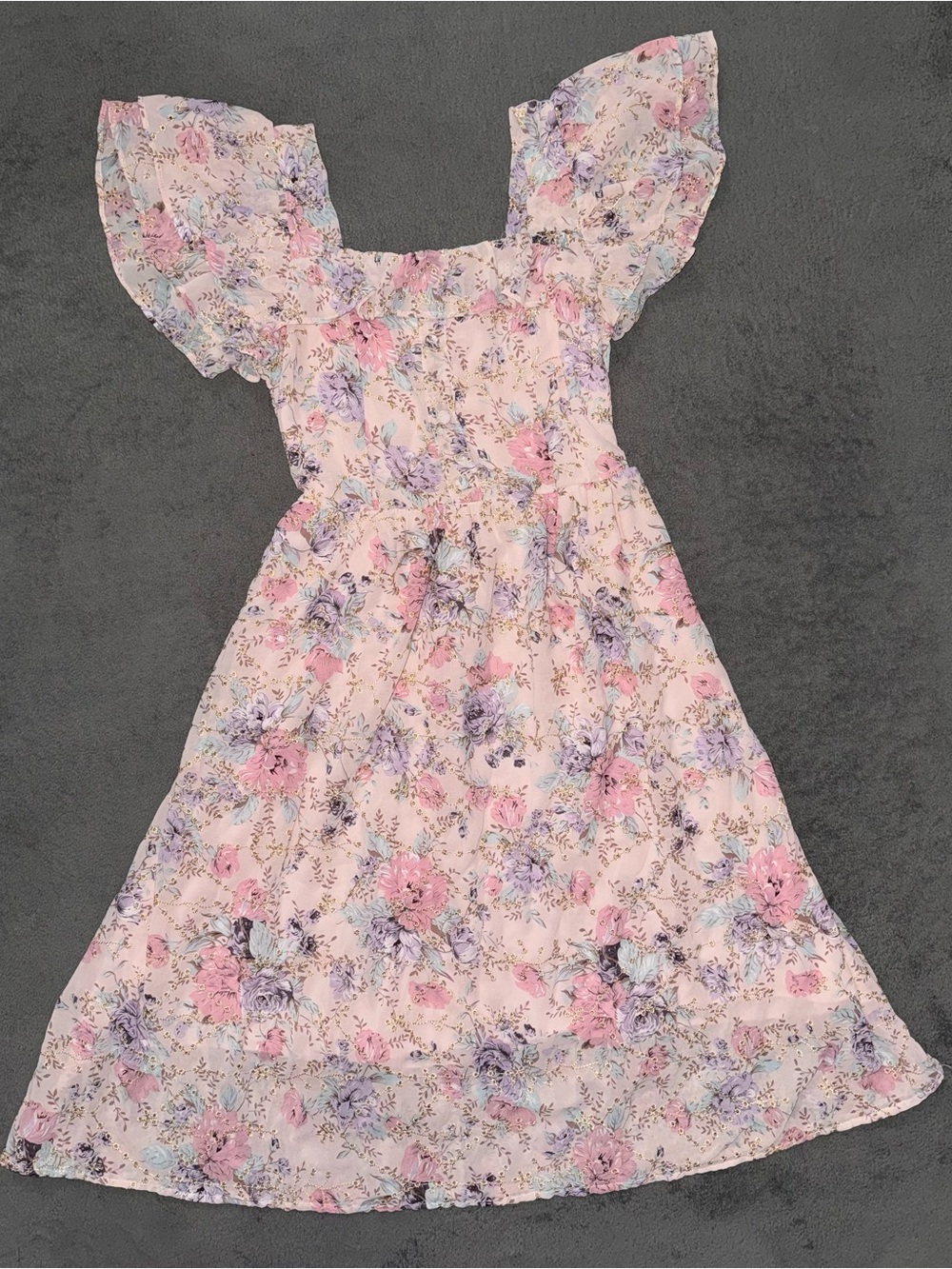 Pink Floral Midi Dress Gold Detail Flutter Sleeve Smocked Back